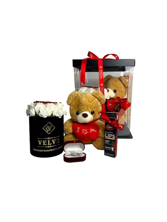 Pachet Special De Valentine 25 Cm Aranjament Ursuleț De Pluș 9 Trandafiri Săpun Brosă Set Cosmetice În Cutie Cadou