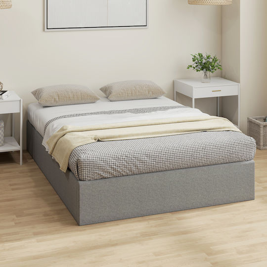 Double Upholstered Bed with Gray Fabric with Storage Space & Slats for 140x190cm Mattress