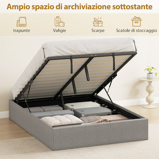 Double Upholstered Bed with Gray Fabric with Storage Space & Slats for 140x190cm Mattress