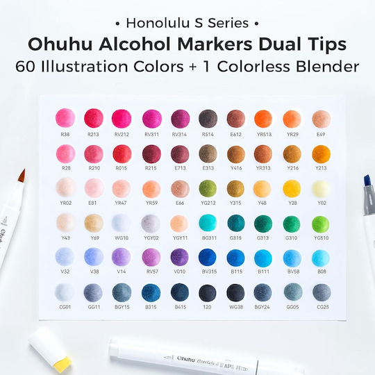 Ohuhu Honolulu Pensulă & Daltă 60 Markere Alcool Culori De Bază
