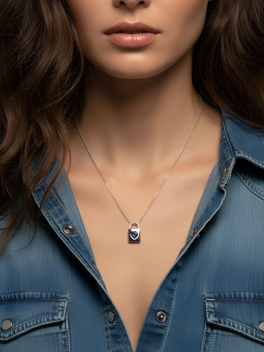 Chrysothemiss Colier Femei Heartlocked Placat Cu Platină Design Lacăt Inimă Albastră