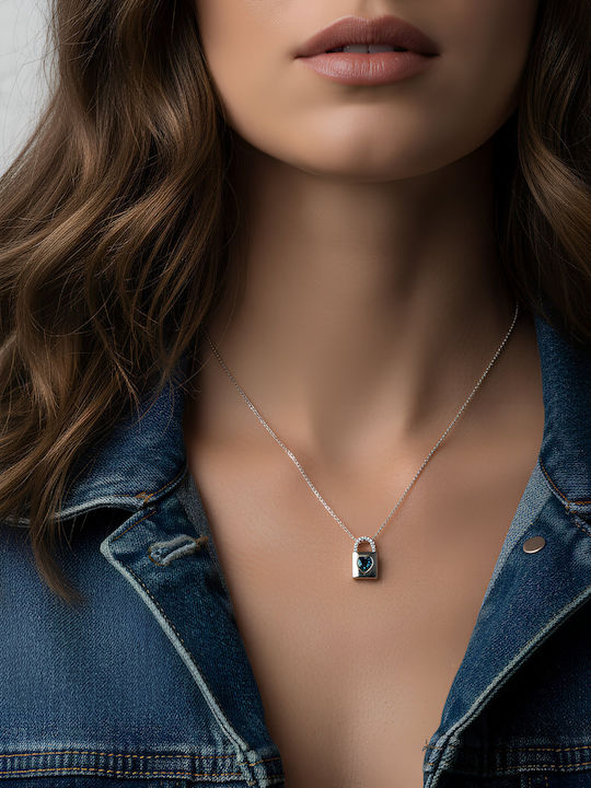Chrysothemiss Colier Femei Heartlocked Placat Cu Platină Design Lacăt Inimă Albastră