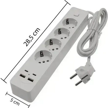 Jortan Power Strip with Surge Protection 4 Positions with 4 USB-A, USB-C, Switch and Cable 2m