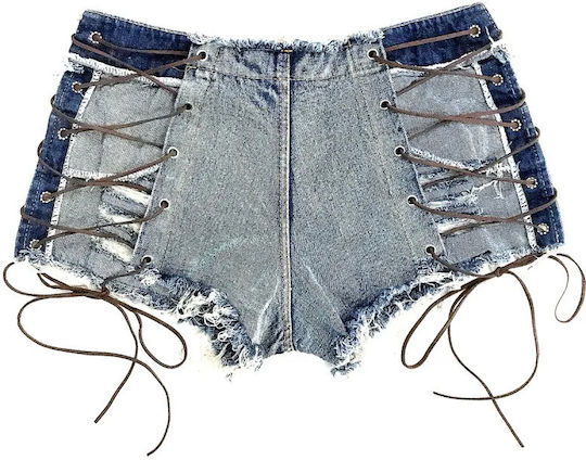 Pantaloni Scurți Din Denim Cu Talie Înaltă Și Margine Nefinisată Cu Șiret