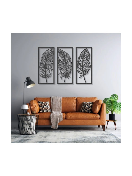Wooden Wall Decor Feathers Set of 3 Pieces Black 22 x 50 cm