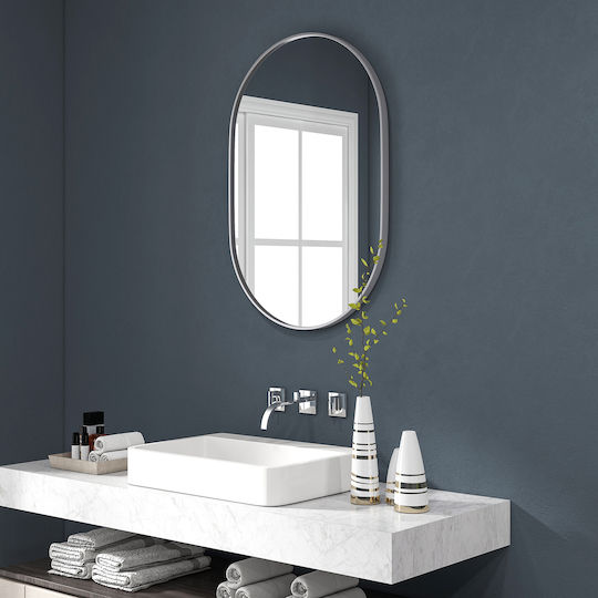 HomCom Οβάλ Καθρέπτης Μπάνιου από Μέταλλο 60x90cm Ασημί