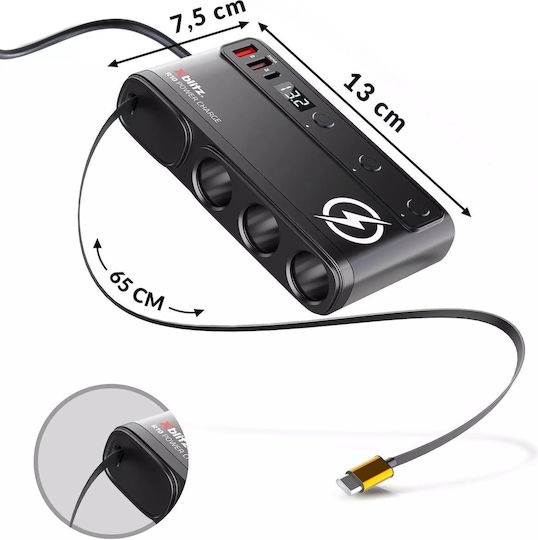 Xblitz Φορτιστής Αυτοκινήτου με Θύρες: 3xUSB 1xType-C 3xΑναπτήρα Μαύρο Χρώμα