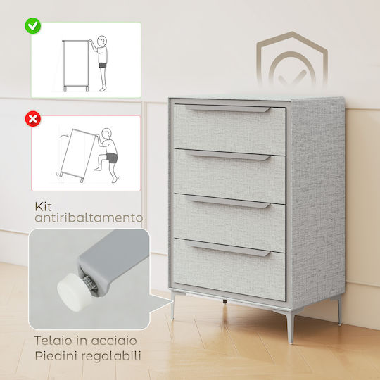 Metallic Chest of Drawers with 4 Drawers Grey with Fabric Coating 60x36x88cm
