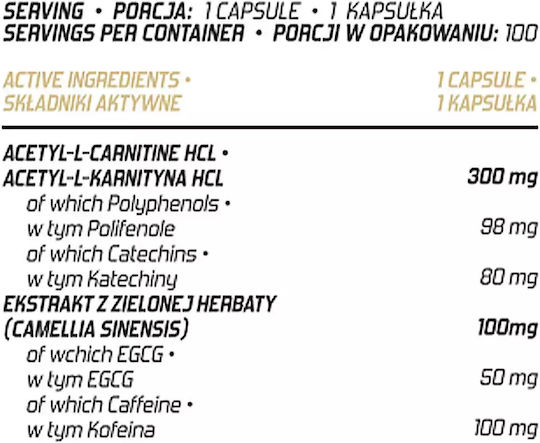 Evolite Acetyl L-Carnitine HCI Green Tea cu Gust Unflavoured 100 capace