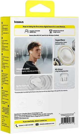 Baseus Bass BS1 NC In-ear Bluetooth Handsfree Earphones with Sweat Resistance and Charging Case White