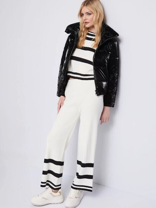 Women's Fabric Trousers with Elastic Striped White-black
