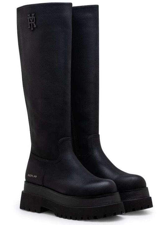 Synthetic Leather Medium Heel Women's Boots Black