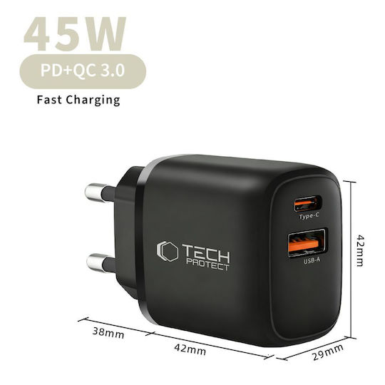 Tech-Protect Charger GaN with USB-A Port and USB-C Port and Cable USB-C - USB-C 45W Power Delivery / Quick Charge 3.0 Blacks (NCA45W)