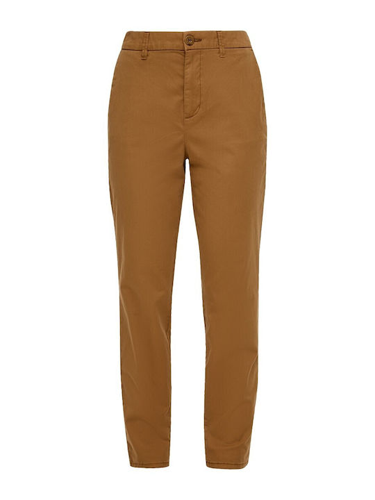 Women's High-waisted Fabric Trousers with Elastic Regular Fit Beige