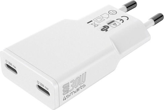 4Smarts Φορτιστής Χωρίς Καλώδιο GaN με 2 Θύρες USB-C 30W Power Delivery Λευκός (Flatplug Slim)
