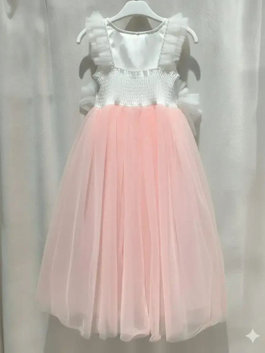 Girls Sleeveless Tulle Dress For Flower Girls Set with Accessories Pink & White
