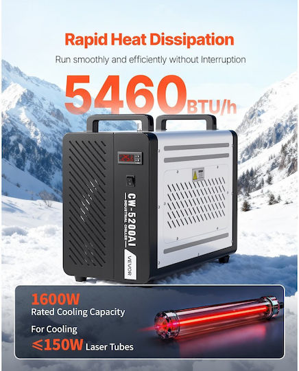 Industrial Water Cooler Vevor 1600w Industrial Cooling System Water Cooler Compressor Maximum Flow 16 L Min Tank Capacity 7 L Laser Cooler Engraving & Cutting Machine Laser Co2 Tubes