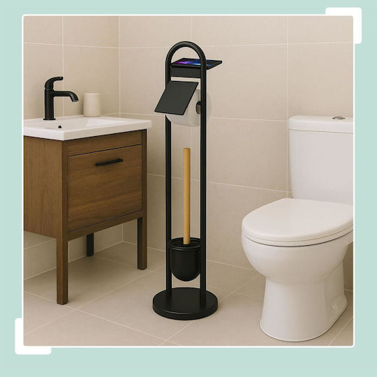 Bathroom Accessory Sets Relaxdays Metal and Bamboo Wall Mounted Bath Mat Toilet Brush Holder Black Light Brown