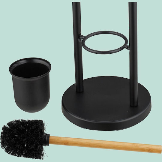Bathroom Accessory Sets Relaxdays Metal and Bamboo Wall Mounted Bath Mat Toilet Brush Holder Black Light Brown