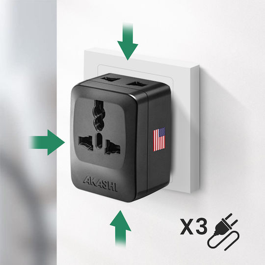 Akashi Travel Adapter Socket Type A Usa Japan China 3 Outlets Black