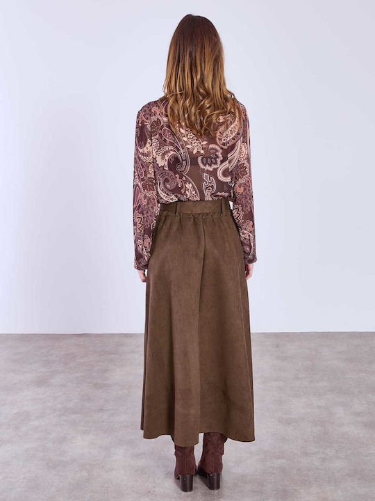 Celestino Women's Skirt Midi Suede Look Loose Fit Brown