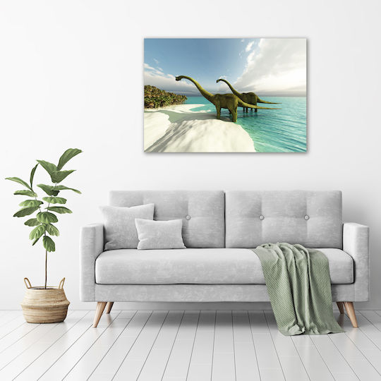 Kinder Wandkunst Canvas Mit Sorgfältigem Finish Dinosaurier Am Strand 100x70 Cm