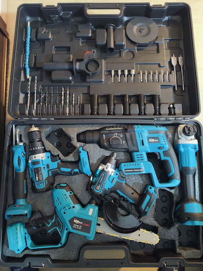 Homeone Bortech Set Chainsaw & Angle Wheel & Impact Drill Driver & Impact Driver & Excavator & Pruning Shear 36V with 3 Batteries 6Ah and Case