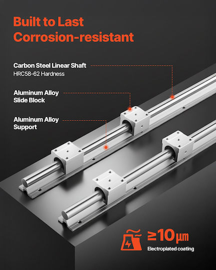 Vevor Sbr25 Linear Rail Set 2 Pieces 1200 Mm 47.24 Inch Linear Motion Guides 4 Pieces Sliders Bearings Fully Supported Shaft Cutting Grinding Milling Drilling Machines Accessories