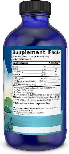 Nordic Naturals Arctic Cod Liver Oil Μουρουνέλαιο 1060mg 237ml Πορτοκάλι