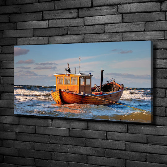 Wall Canvas Painting Ready Immediate Installation Fishing Boat 100x50 Cm