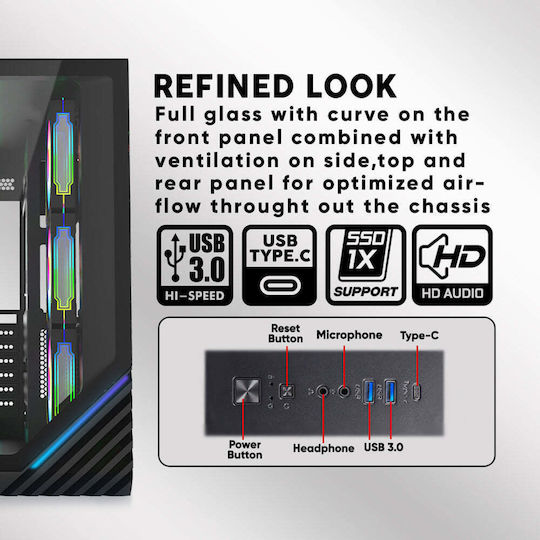 Armaggeddon X-CURVE Giga 10 Gaming Midi Tower Computer Case with Side Window and ARGB Lighting Black