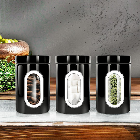 Cheffinger Set 3 Stackable Boxes Coffee Sugar Transparent Window Airtight Black Cheffinger Set 3 Stackable Boxes Coffee Sugar Transparent Window Airtight Black