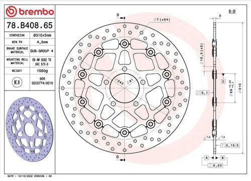 Brembo Εμπρόσθιος Δίσκος Φρένων Μοτοσυκλέτας 78b40865 – Πλωτός Διάτρητος 310 Mm