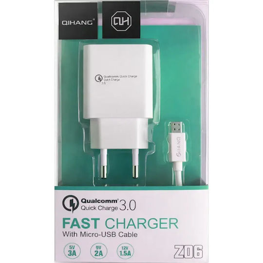 QIHANG Φορτιστής με Θύρα USB-A και Καλώδιο micro USB Quick Charge 3.0 Λευκός (Z06)