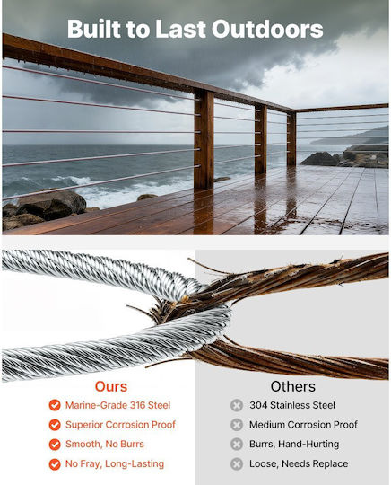 Vevor Wire Rope Kit 3.2 Mm Length 12.2 M Stainless Steel Cable 316 Breaking Strength 7.1 Kn Construction 7 X 7 Strand Steel Cable Deck Railing System Pergola Garden Lighting Series