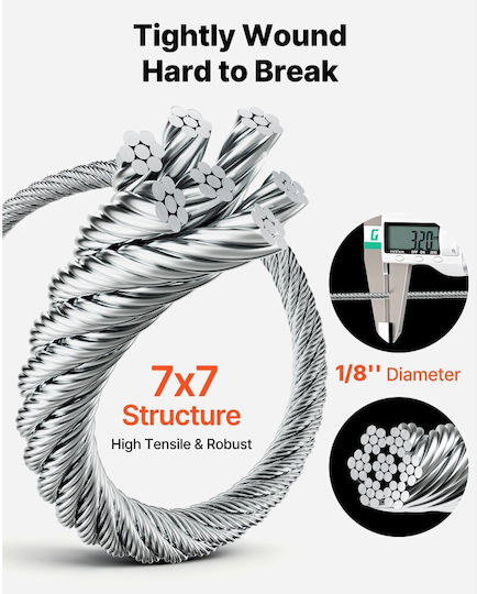 Vevor Wire Rope Kit 3.2 Mm Length 12.2 M Stainless Steel Cable 316 Breaking Strength 7.1 Kn Construction 7 X 7 Strand Steel Cable Deck Railing System Pergola Garden Lighting Series
