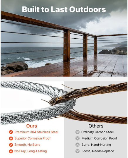 Vevor Wire Rope Kit 2.38 Mm Length 50.3 M Stainless Steel 304 Cable Breaking Strength 2 Kn Construction 7 X 7 Strand Steel Cable Deck Railing System Pergola Garden Lighting Series