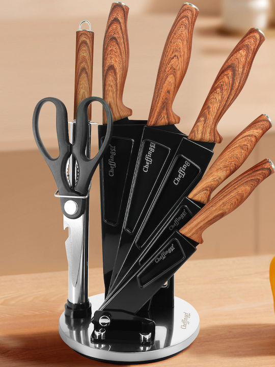 Cheffinger 7-Teiliges Messer Set Mit Holzoptik Griffen Stand Schwarz