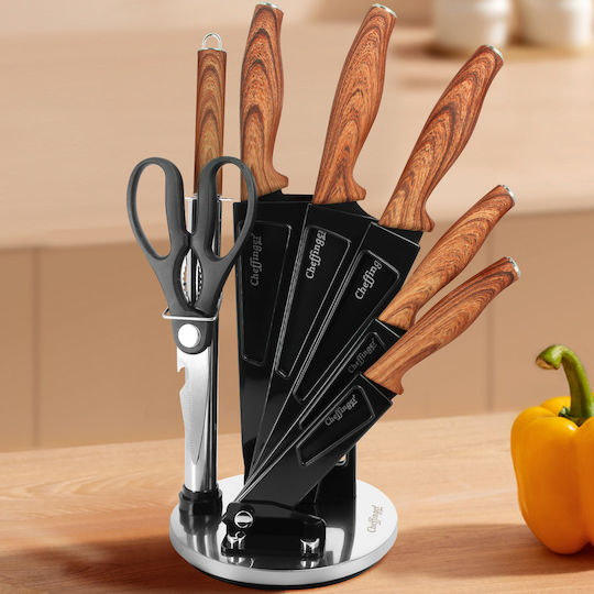 Cheffinger 7-piece Knife Set Wooden-look Handles Stand Black