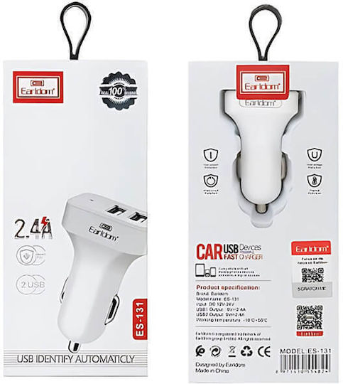 Earldom Es-131 Car Charger Ports 2xusb-a Lightning Cable 2.4a