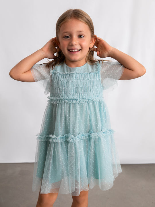 Children's Dress Short Sleeve Tulle Polka Dot Pink