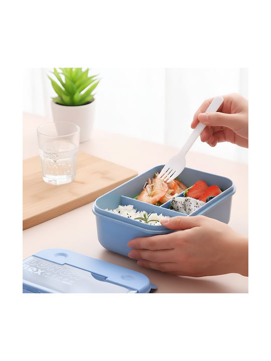 Cheffinger 700ml 3-compartment Food Container Spoon Fork Blue