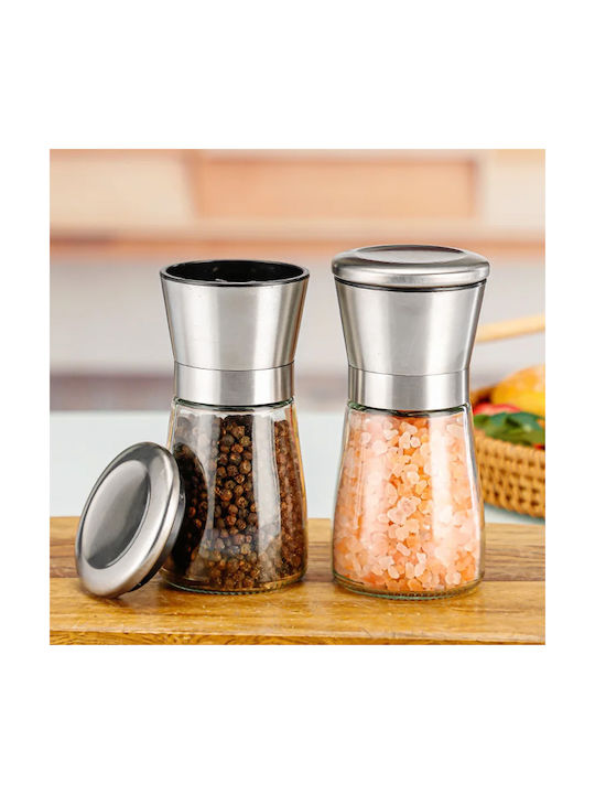 Cheffinger Salt Pepper Mills Manual Stainless Steel Ultra Durable Glass Solid Silver