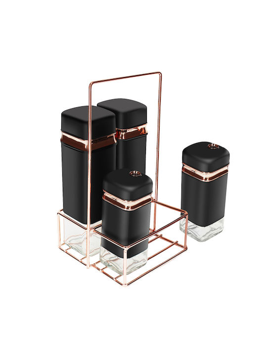Cheffinger Set 4 Borcane Pentru Condimente Suport Metalic Elegant Negru