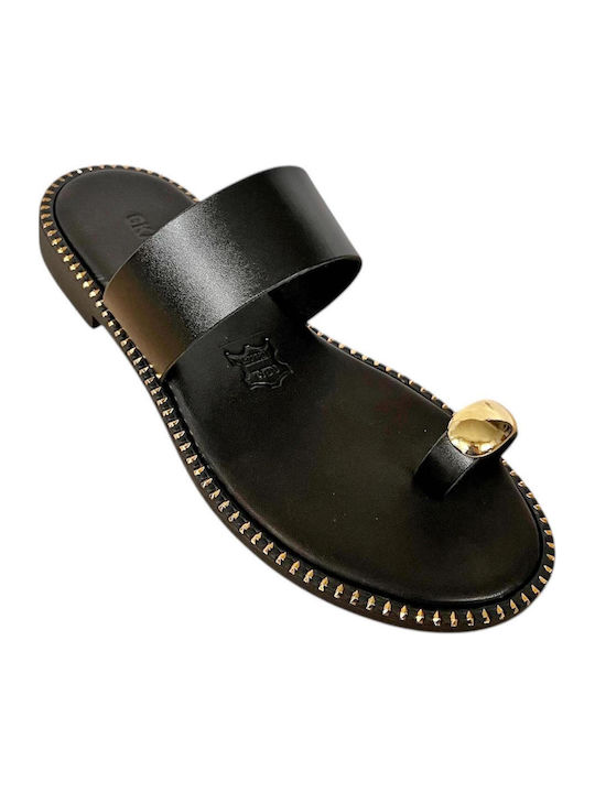 Leather Women's Flat Sandals in Black Color