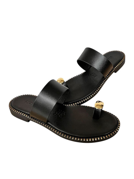 Leather Women's Flat Sandals in Black Color