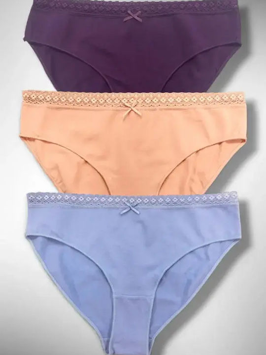 Βαμβακερά Γυναικεία Slip 3Pack με Δαντέλα Μωβ