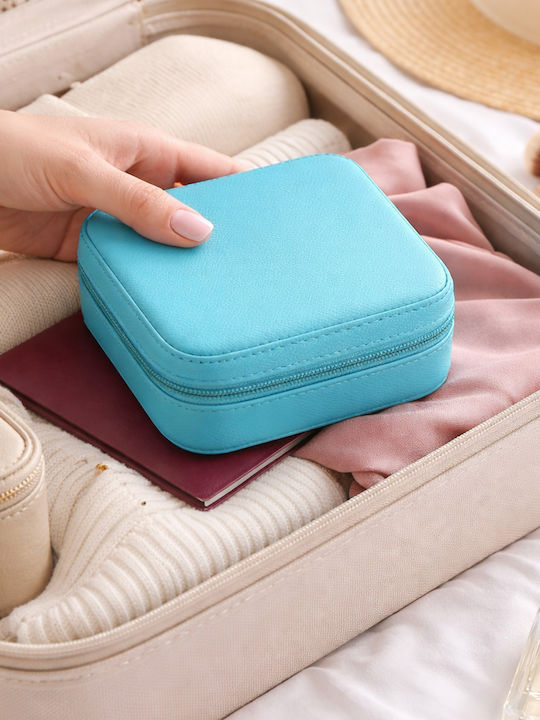 Θήκη Κοσμημάτων Φορητή Ταξιδιωτική 10×10×5cm Pu-δέρμα — Σκουλαρίκια Κολιέ Δαχτυλίδια Βραχιόλια Peacock Blue Sn00007