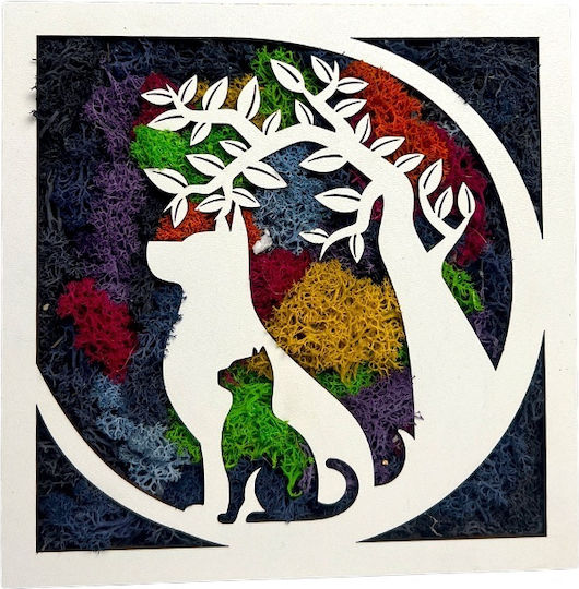 Tablou Decorativ Licheni Stabilizați Siluete Pisică Copac Viață 20x20 Cm Multicolor