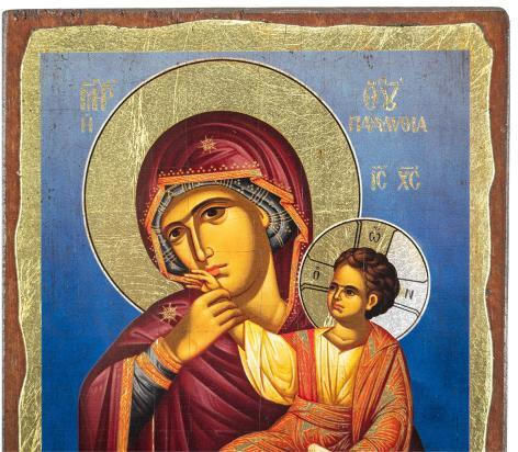 Virgin Mary Paramythia Wooden Aged Icon Canvas Colorful Background Authentic Product of Vatopedi Monastery Holy Great Monastery Vatopedi 30405000024124 13 X 10 Cm
